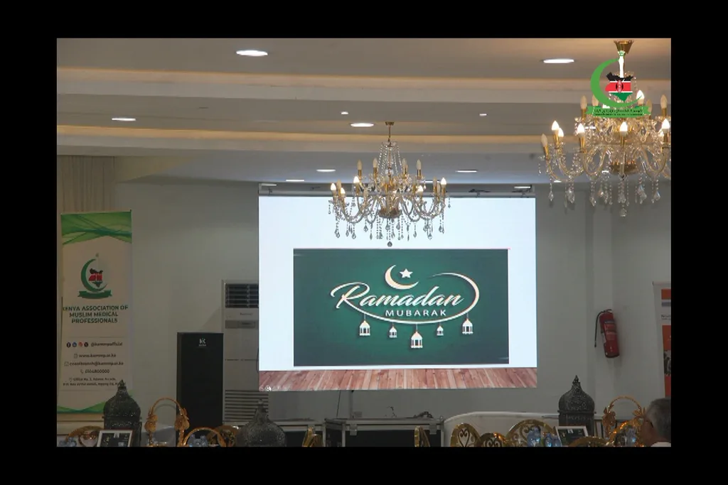 The Ramadan Mubarak screen in the hall of the Coast Iftar CME, 2024
